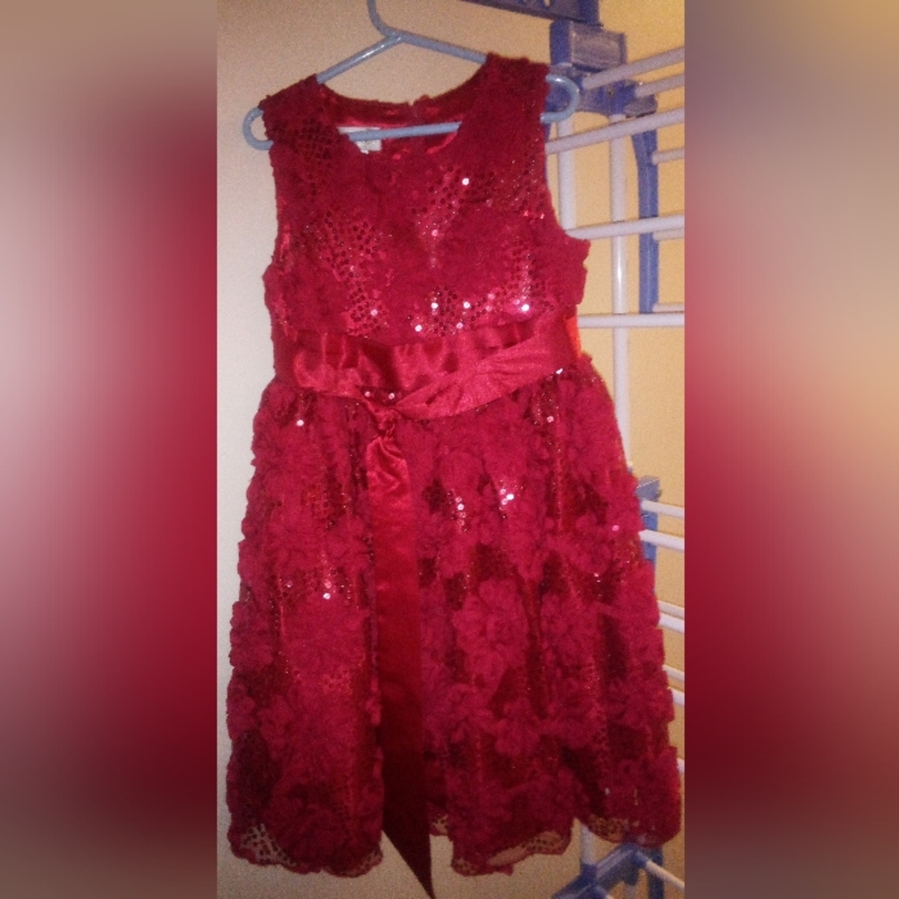 American Princess Girls Red Layered Red Flower And Sequin Dress Size 7